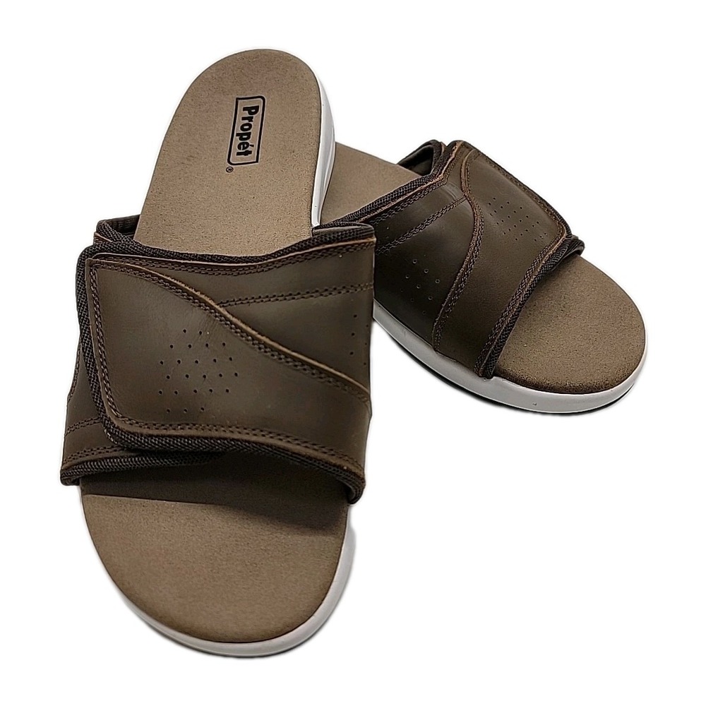 PROPET Mens Sz 9 US Emerson Slide Sandal Brown Nubuck‎ Leather Comfort Arch